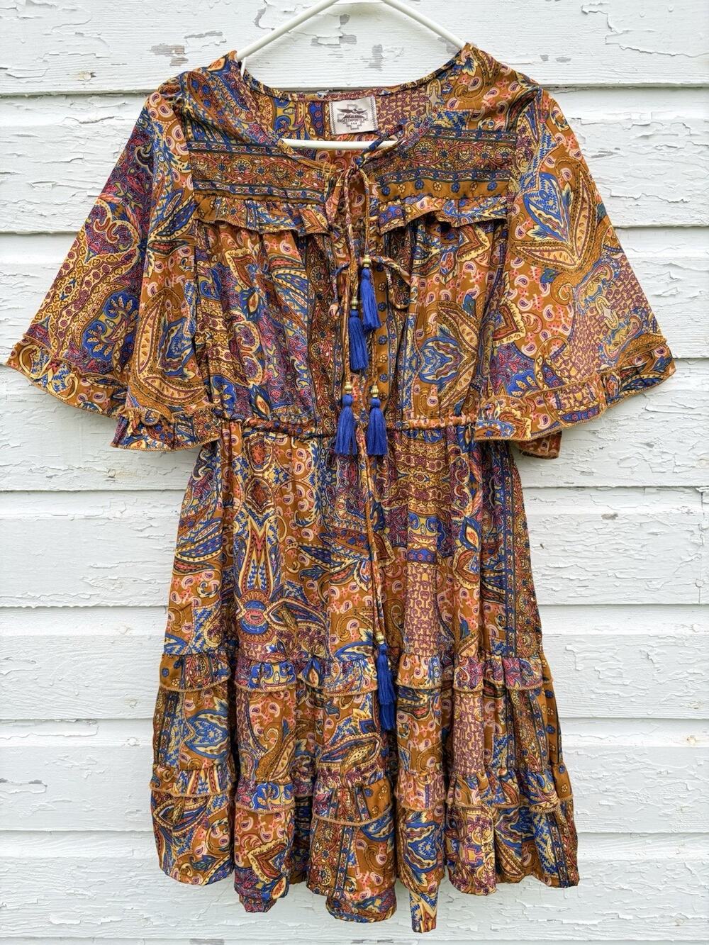 Andes Imports Dress Silk Paisley Tassle Bohemian Flutter Sleeve Ruffle S Boho